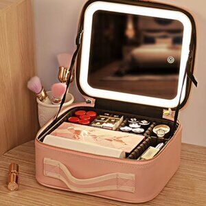 Travel Makeup Bag with LED Lighted Make up Case with Mirror & Cosmetic Organizer